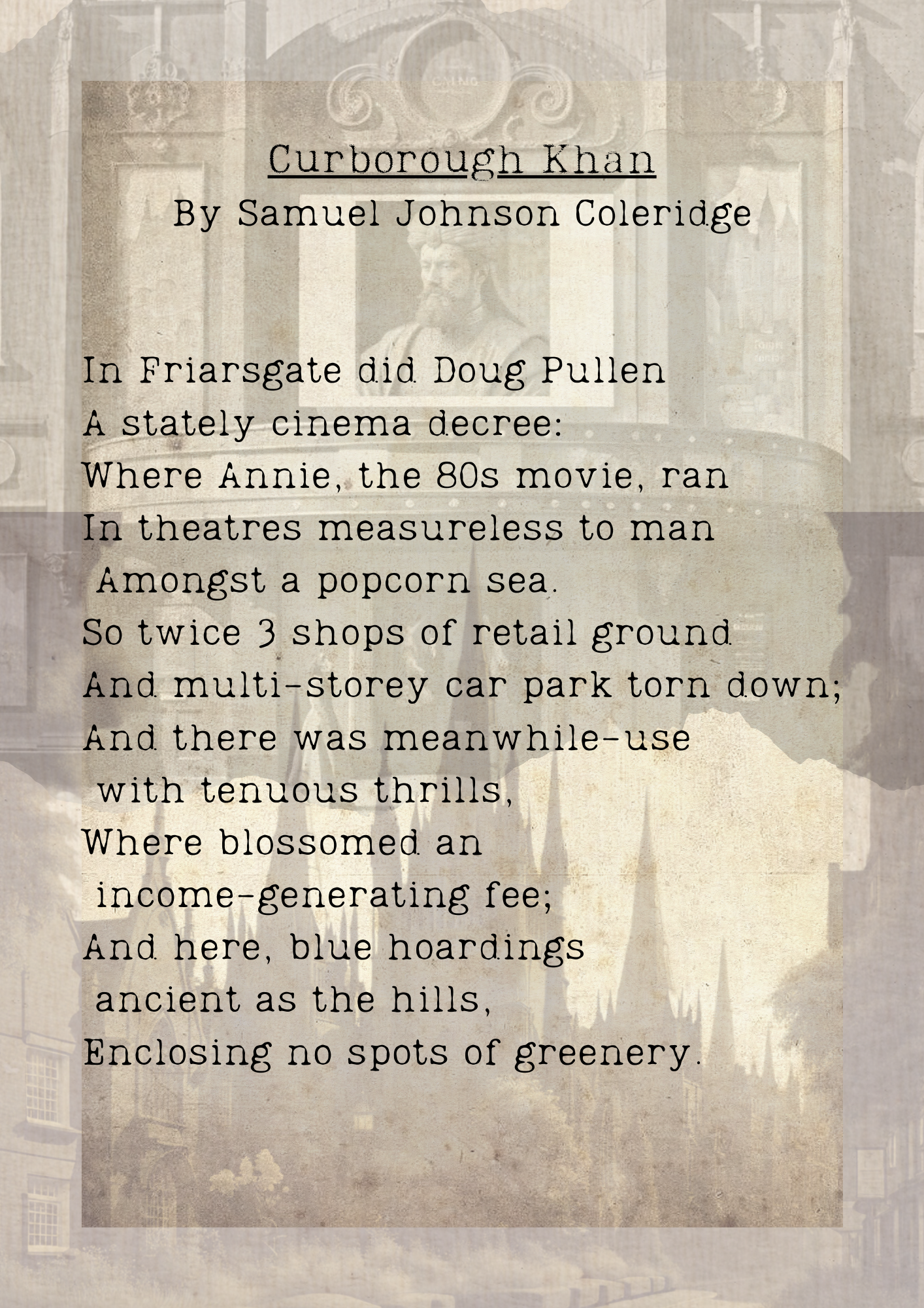 The opening of a parody of the poem Kubla Khan.